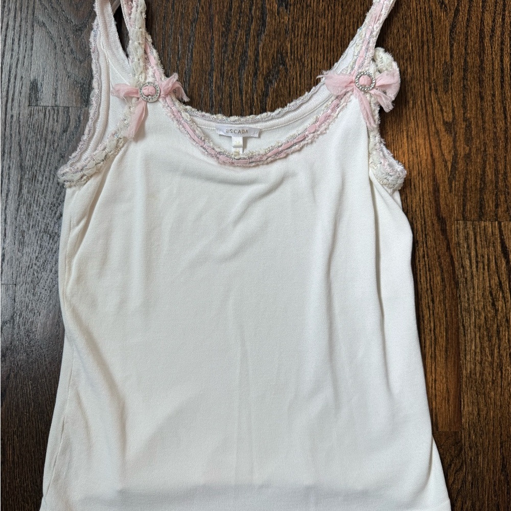 Escada Womens Tank Top Size Small Knit Ribbon Bow Pink Rhinestone White Cream - Picture 3 of 5